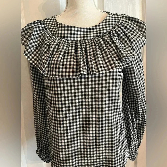Zara Gingham printed Ruffled black/ white Blouse size S‎ - Picture 9 of 11